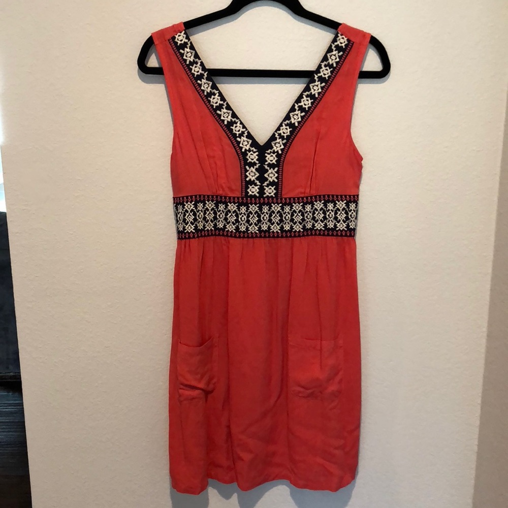 Boutique coral dress with navy/white embroidery